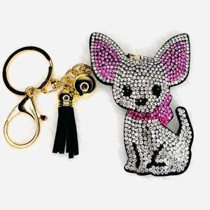 Sparkly Rhinestone Chihuahua Dog Keychain w/ Tassel – Gold Tone